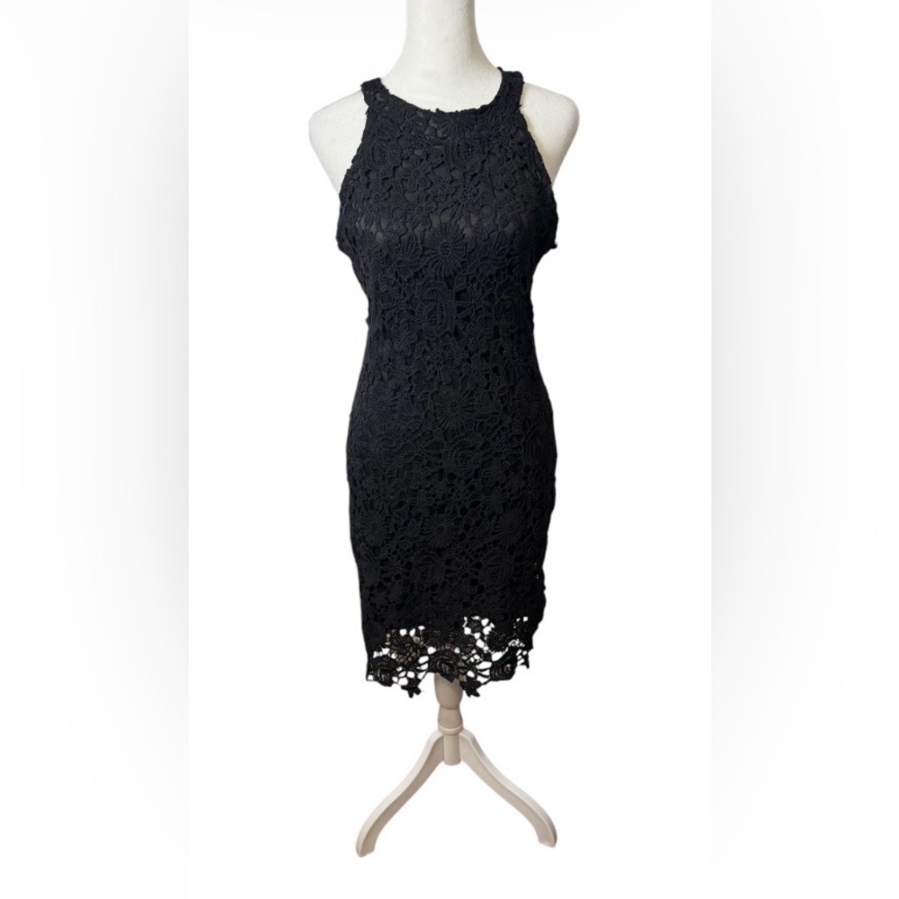 NWT Leo Rosi Black Crochet/ Lace Halter Bodycon Dress. Special Occasion Dress. S